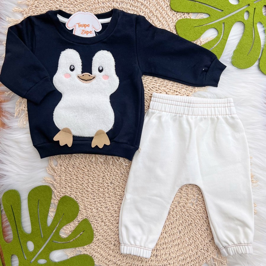 Conj. Casaco Pinguim Super Fofo e Calça Saruel - Preto e Off  White